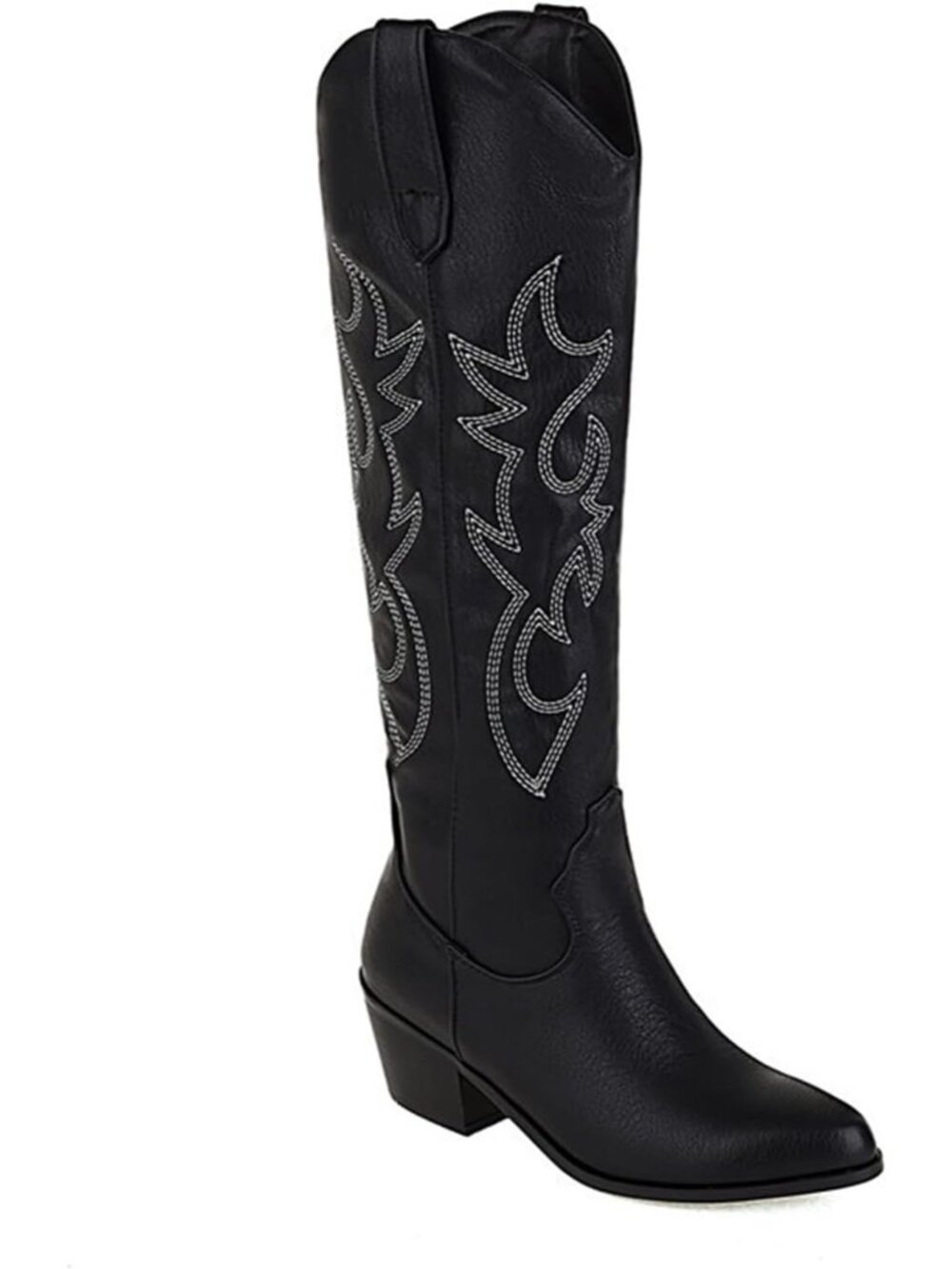 Women’s Black Wide Calf Cowgirl Boots Knee High Embroidered Mid Heel Western